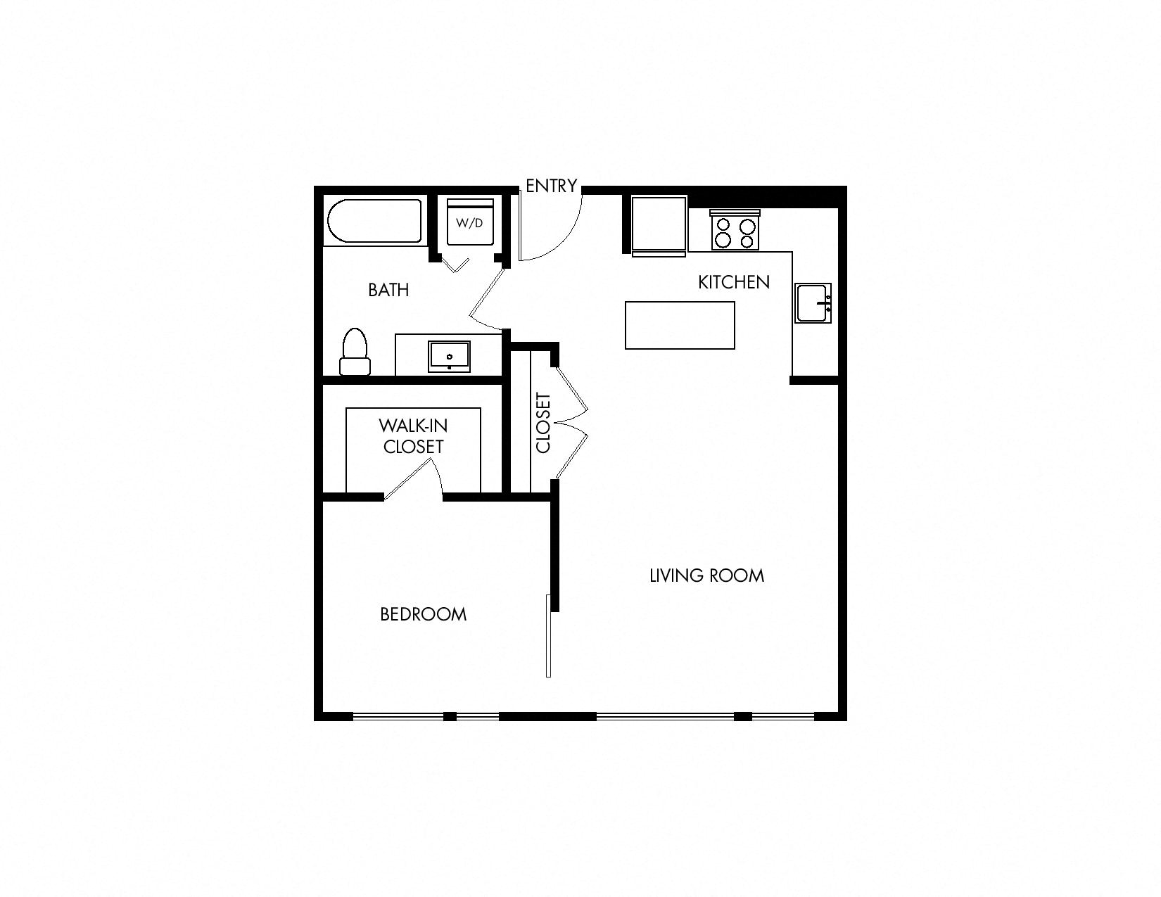 Floor plan for 1 bed, 1 bath, 627 sqft